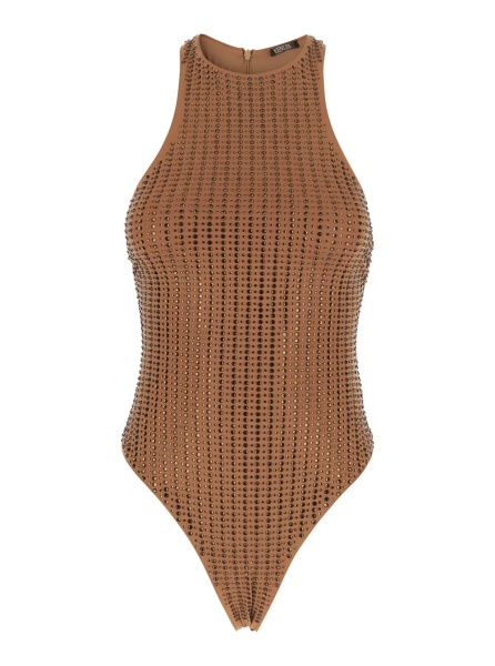 Costum de baie One-Piece Swimsuit with Racerback and Striped Sequins in Stretch Tech Fabric Brown Women