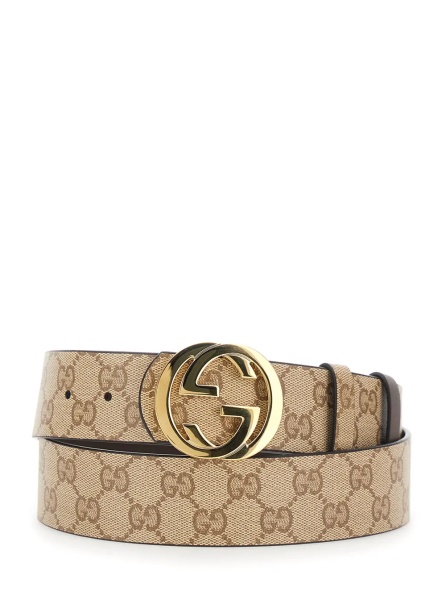 Curea Beige Reversible Belt with GG Intreccio Buckle in GG Canvas and Leather for Men