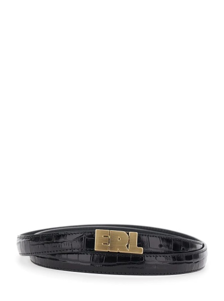 Curea Black Belt with Logo Lettering Plaque on the Front and Embossed Crocodile-Effect in Leather for Men