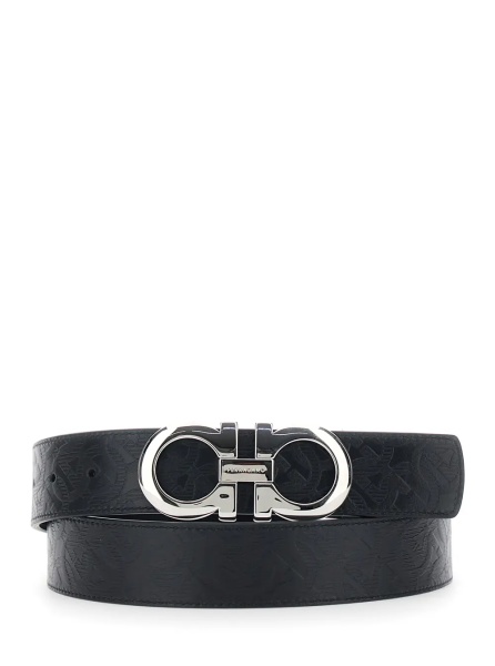 Curea Black Reversible Belt with Gancini Buckle Closure in Grained Leather for Men
