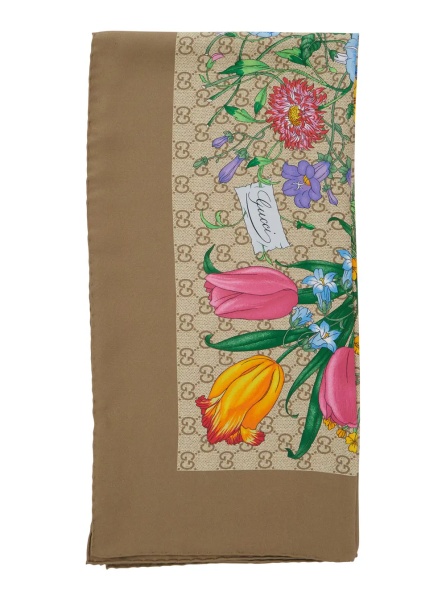 Esarfa Beige scarf with floral and all-over GG print in silk twill for women