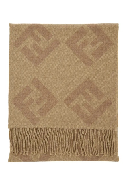 Esarfa Beige Scarf with Fringed Hem and All-Over FF Motif in Wool for Men