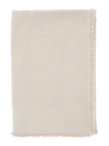 Esarfa Beige Square Scarf with Fringed Hem and FF Pattern in Wool Blend for Women