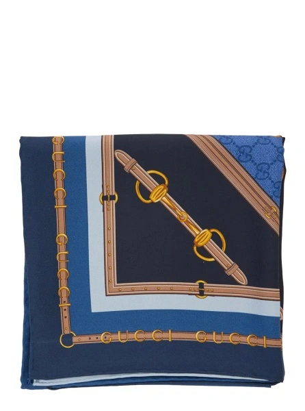 Esarfa Blue Square Scarf with Equestrian Print in SIlk for Women