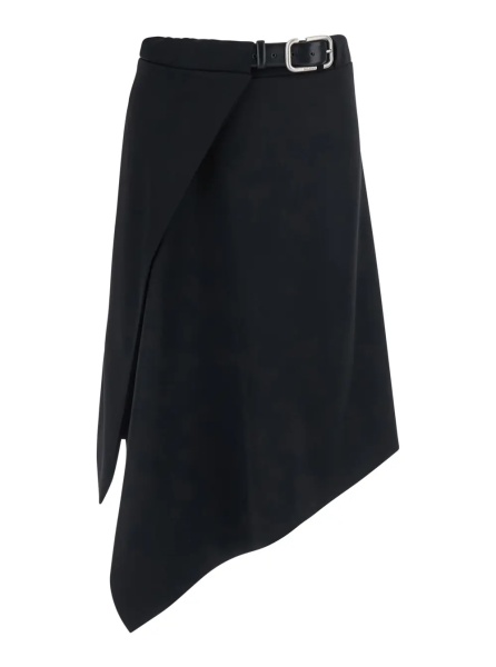 Fusta Black Skirt with Waist Belt Closure and Asymmetrical Hem in Wool for Women