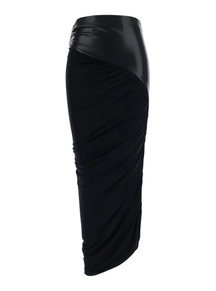 Fusta 'Ursula' Black Midi Skirt with asymmetrical hem in ecoleather for women