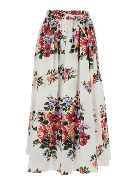 Fusta White Long Skirt with Floral Print and Elastic Waist in Cotton for Women