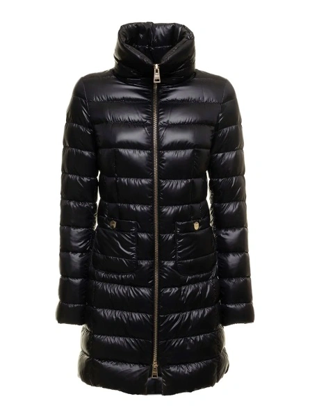 Geaca de Iarna Long down jacket with high collar and long sleeves in Tech Fabric Black Woman