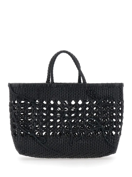 Geanta de mana 'Biscuit Tote' Black Handbag with Double Round Handles and Woven Design in Ecoleather for Women