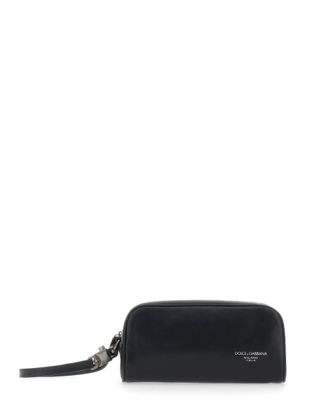 Geanta de mana Black Clutch with Wrist Strap and Lettering Logo on the Front in Leather for Men