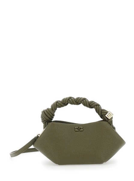 Geanta de mana 'Bou Mini' Green Handbag with Woven Handle and Adjustable and Removable Strap in Grained Leather for Women