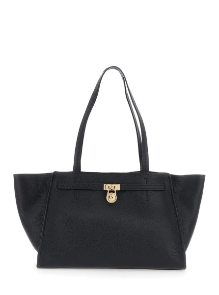 Geanta de mana 'Hamilton' black Shopping Bag with two top handles and logo plaque on the front in leather for women