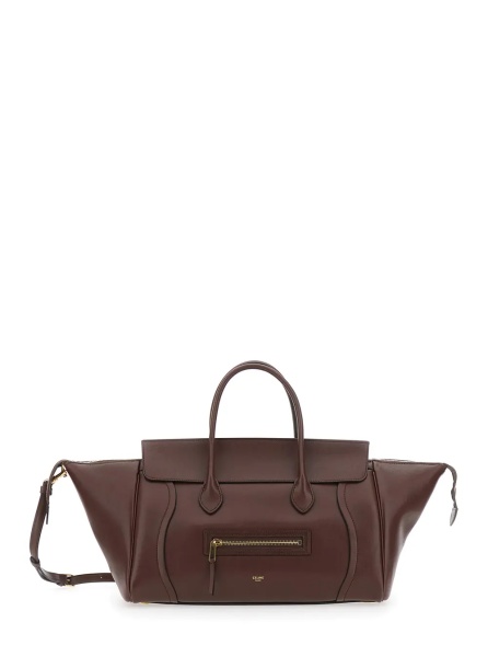 Geanta de mana Handbag 'Celina' with Adjustable Shoulder Strap and Logo Lettering Imprinted on the Front in Brown Leather for Women