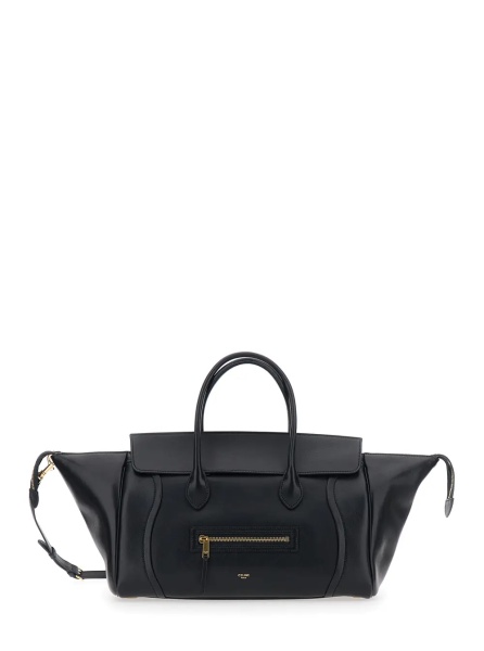 Geanta de mana Handbag with Adjustable and Removable Shoulder Strap and Logo Lettering Printed on the Front in Black Leather for Women