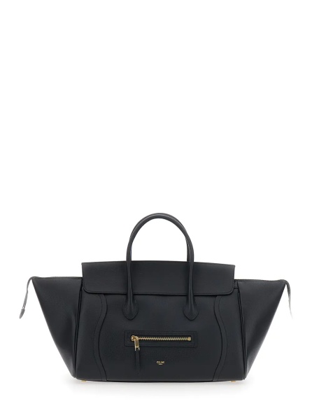 Geanta de mana 'Luggage' Black Medium Handbag with Adjustable and Removable Shoulder Strap and Logo Lettering on the Front in Leather for Women