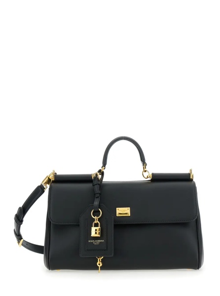 Geanta de mana 'My Sicily' Black Medium Handbag with Lock Detail and Adjustable Removable Leather Shoulder Strap for Women