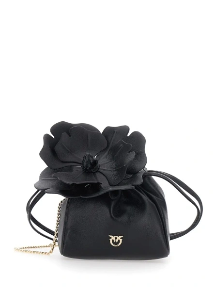 Geanta de mana Pinko neagra din piele cu floare detasabila