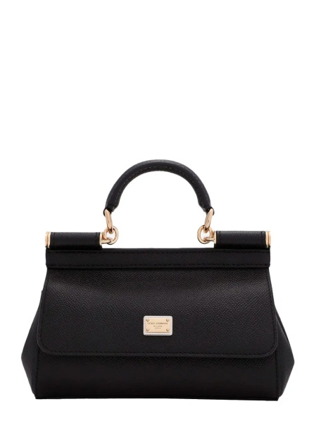 Geanta de mana 'Sicily Small' Black Handbag with Adjustable and Removable Shoulder Strap and Logo Plate on the Front in Grained Leather for Women
