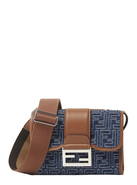 Geanta de umar 'Baguette Double' Blue Crossbody Bag With Magnetic FF Closure And All-Over Motif In Blue Cotton Man