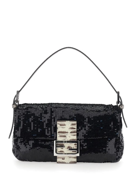 Geanta de umar Black Shoulder bag with All-Over Sequins and FF plate on the Front in Tech Fabric for Women