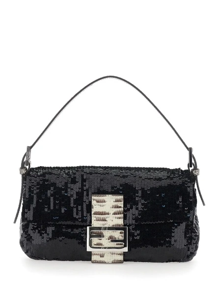 Geanta de umar Black Shoulder bag with All-Over Sequins and FF plate on the Front in Tech Fabric for Women
