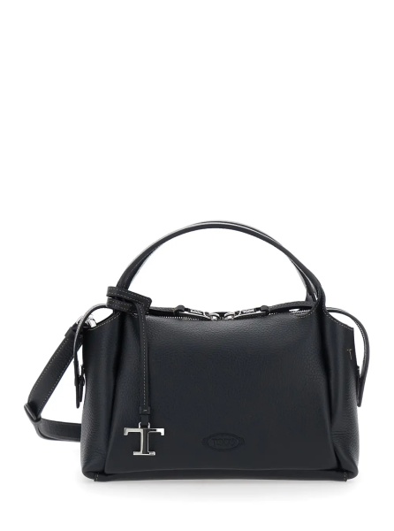 Geanta de umar Black Shoulder bag with T plaque on the front and adjustable and removable strap in leather for women
