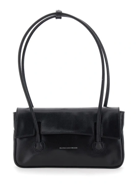 Geanta de umar Black Shoulder bag with two top handles and logo lettering on the front in leather for women