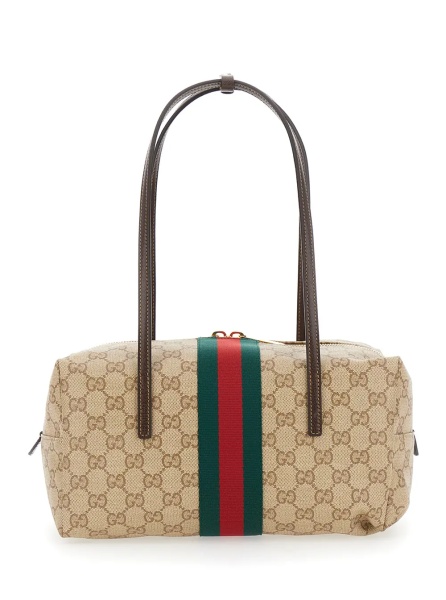 Geanta de umar 'Boston' Beige Shoulder Bag with Two Top Handles and Maxi Web Strap in GG Canvas for Women