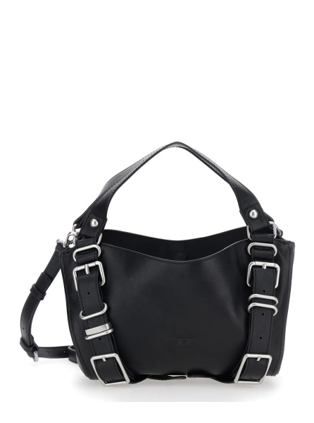 Geanta de umar 'D-One' Black Shoulder bag with logo on the front and decorative straps with buckles in leather for women