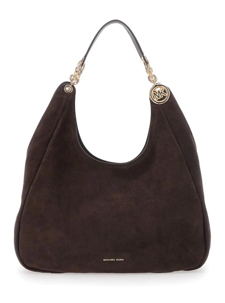 Geanta de umar 'Ellie' brown Shoulder bag with two chain handles and logo plaque on the front in suede for women