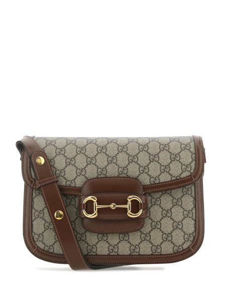 Geanta de umar Gucci Horsebit maro din piele si material textil