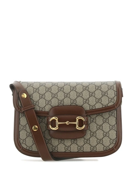 Geanta de umar Gucci Horsebit maro din piele si material textil