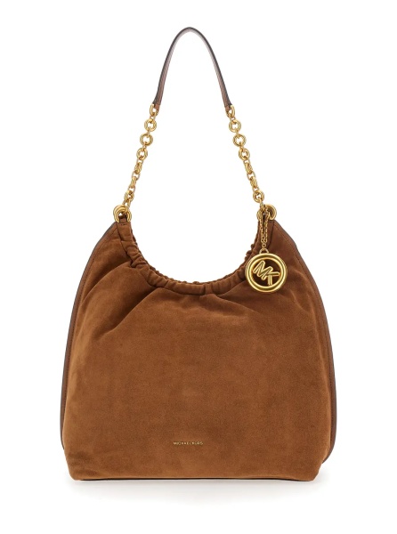Geanta de umar 'Indie Large' Brown Shoulder bag with chain strap and logo plaque on the front in suede for women