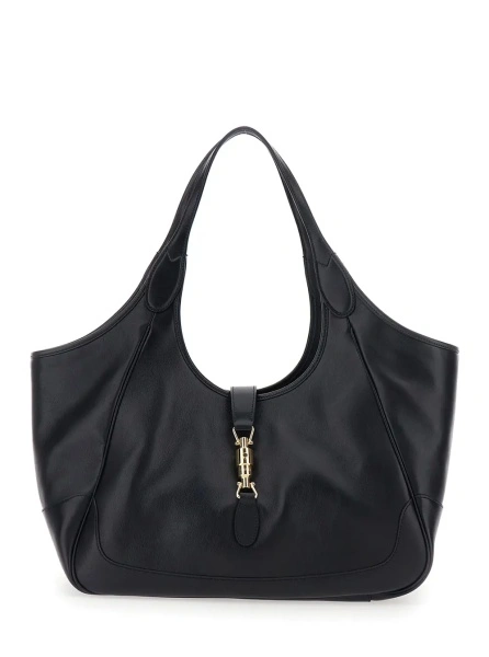 Geanta de umar 'Jackie' Black Shoulder Bag with Two Top Handles and Front Closure in Leather for Women