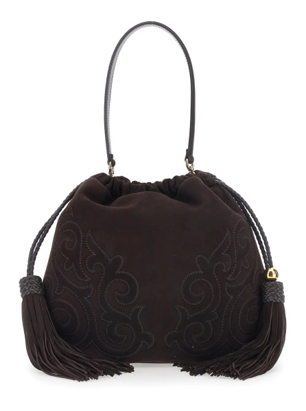 Geanta de umar 'Kalispera' Brown Shoulder bag with Drawstring Closure and Tassels on the Front in Suede for Women