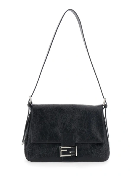 Geanta de umar 'Niki' Black Shoulder Bag with Cassandre Plate on the Front and Chain Handles in Leather for Women