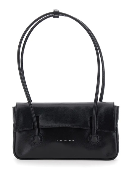 Geanta de umar Shoulder Bag with Flap in Black Glossy Leather for Women