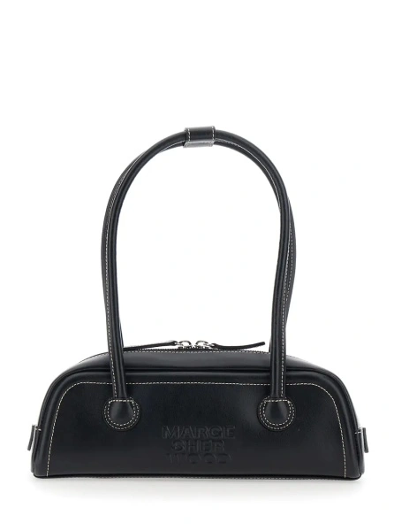 Geanta de umar 'Soft Boston Mini' Black Shoulder bag with Two Top Handles and Logo lettering on the Front in Leather for Women