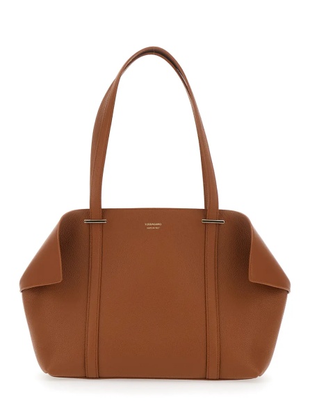 Geanta de umar Tote bag with Folded Sides and logo lettering on the Front in Brown Leather for Women