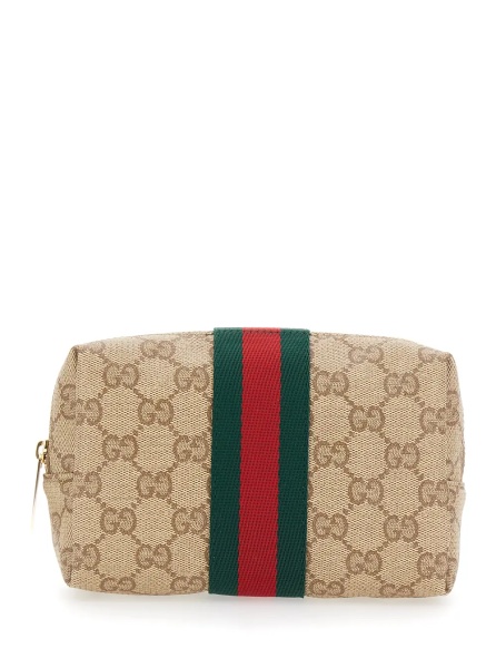 Genti Beige Clutch with Web and Top Zip Closure in GG Canvas for Women