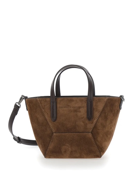 Genti 'Duo' Brown Mini Bag with adjustable and removable shoulder strap and logo lettering on the front in suede for women