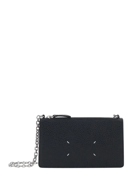 Genti Mini Bag with Chain and Logo Embroidery in Black Leather for Women