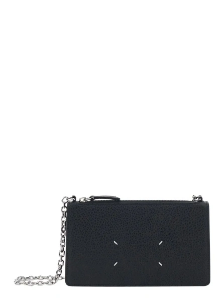 Genti Mini Bag with Chain and Logo Embroidery in Black Leather for Women