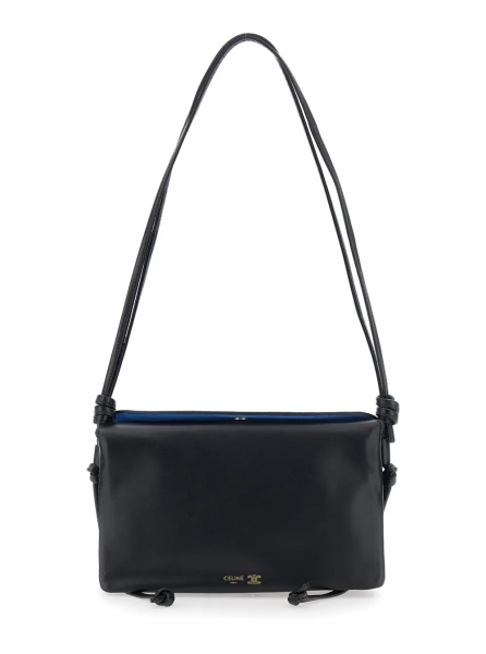Genti 'Trio Flap' Black Mini Bag with Adjustable Strap and Triomphe Button Closure in Leather for Women