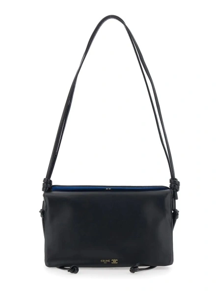 Genti 'Trio Flap' Black Mini Bag with Adjustable Strap and Triomphe Button Closure in Leather for Women