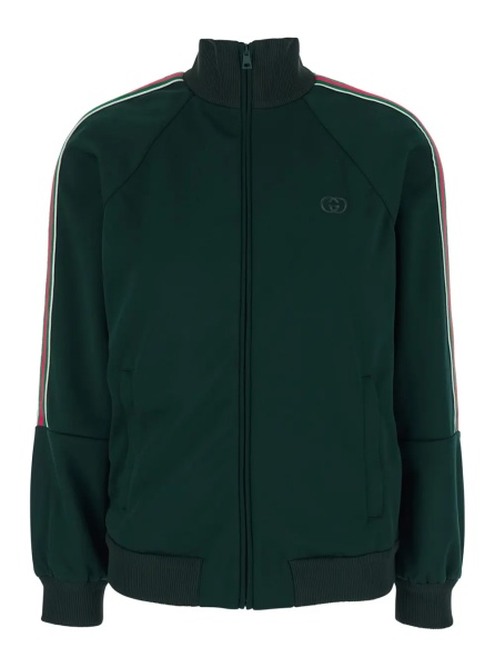 Hanorace Green High Neck Sweatshirt with GG Embroidery on the Front and Web Motif on the Sleeves in Tech Fabric for Women