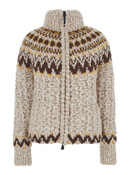 Jacheta Beige Jacket with Geometric Motif and Ribbed Trims in Wool Blend Woman