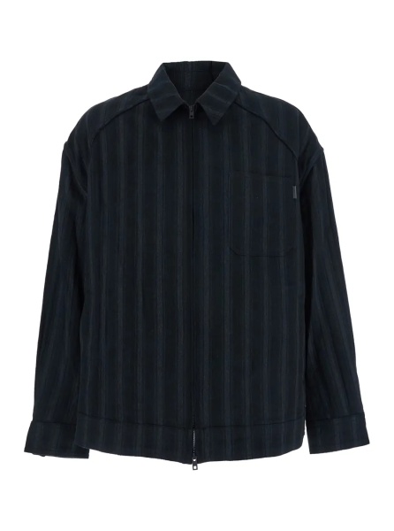 Jacheta Black Jacket with Classic Collar and All-Over Stirped Motif in Wool and Cotton Blend Man