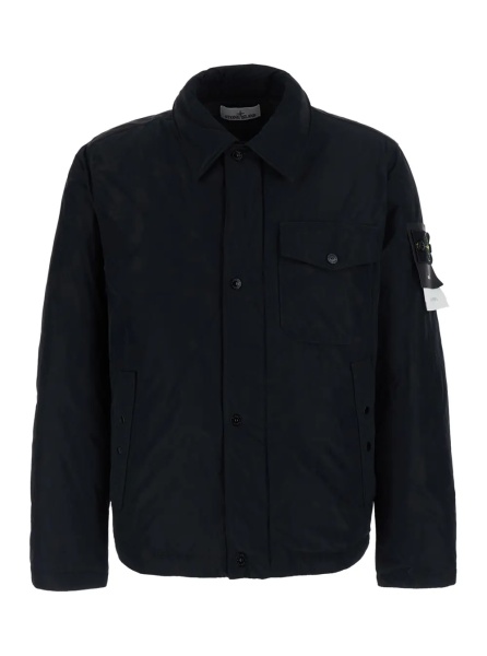 Jacheta Black Jacket with classic collar and logo patch on the sleeve in Tech Fabric for men