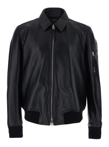 Jacheta Black Jacket with Classic Collar and One Zip Pocket on the Sleeve in Leather for Men
